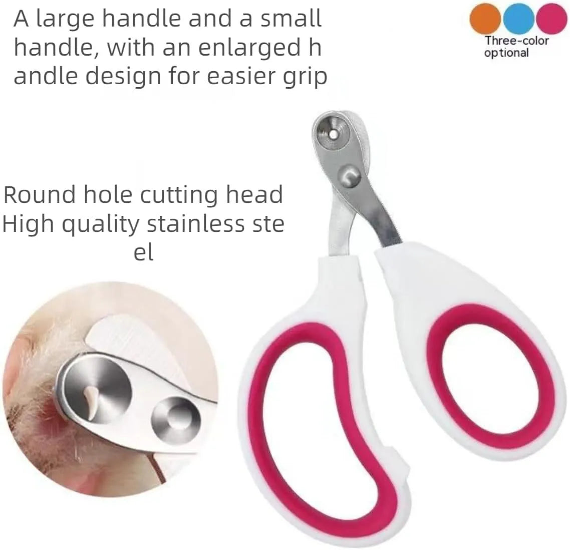 Blue cat nail clippers with circular hole design and cushioned non-slip handle for safe pet trimming