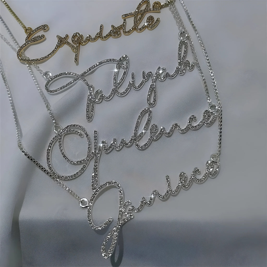 Stainless steel personalised name necklace diamond-studded letters gold finish 41-50cm chain Korean style