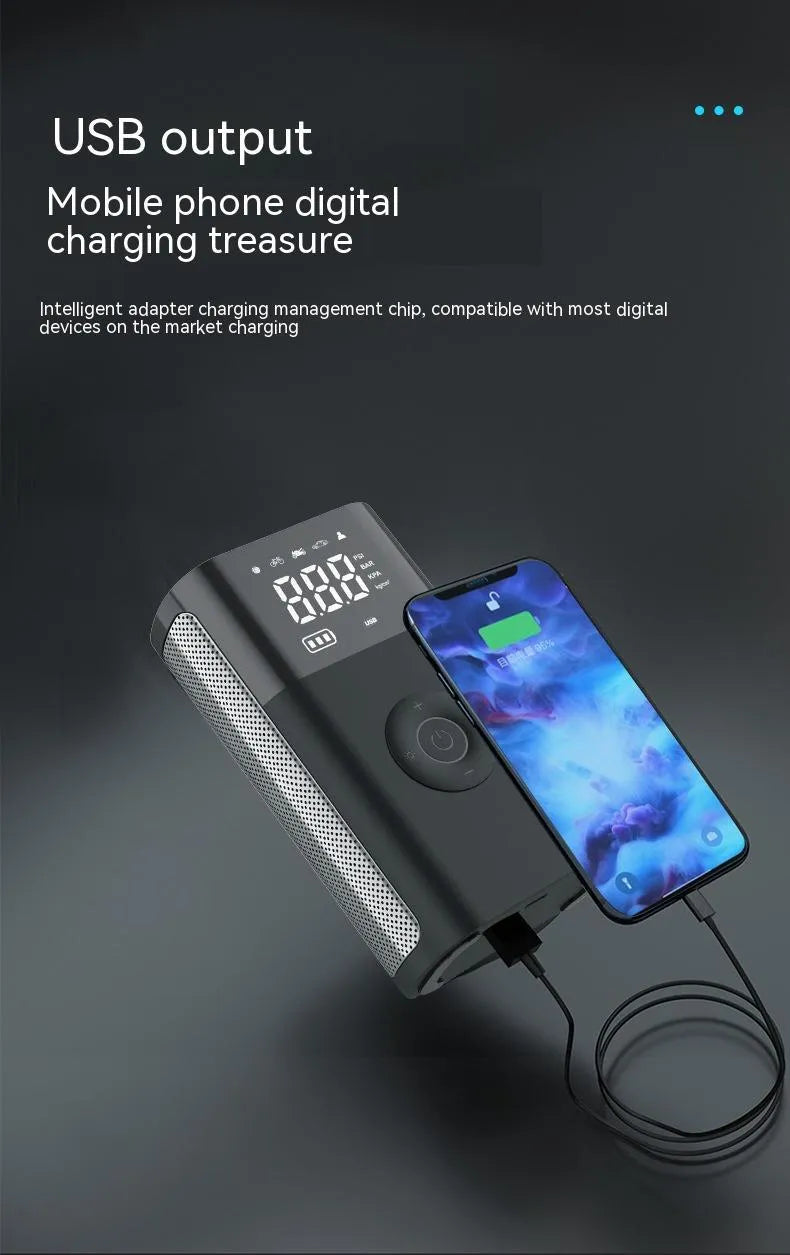 Wireless digital handheld tyre inflator pump with LCD display and multiple adapter attachments