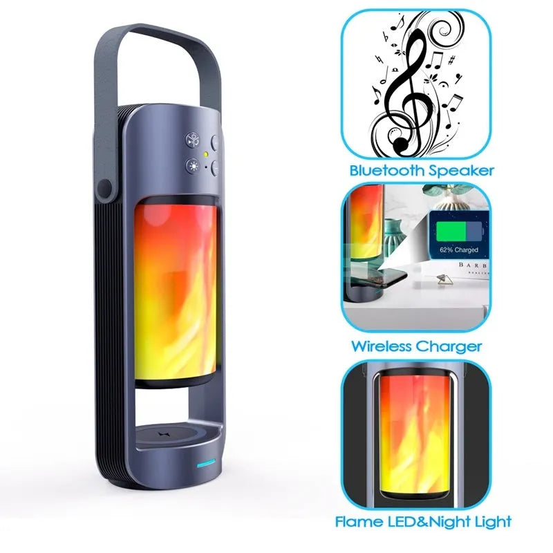 Portable Bluetooth speaker with warm yellow dancing flame light showing realistic campfire effect