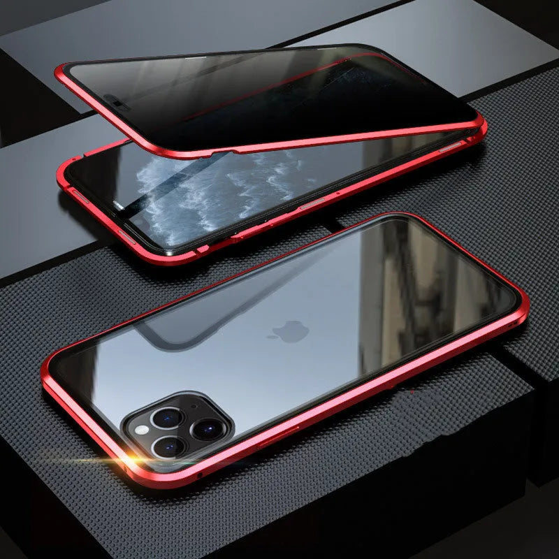 Glass anti-spy clamshell phone case in six colours for various iPhone models.