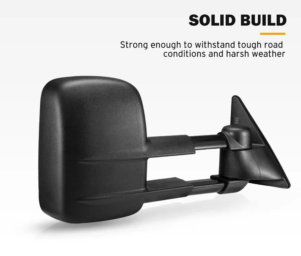 Pair of black plastic foldable rearview mirrors for Toyota Land Cruiser 100 1998-2007 for trailer use
