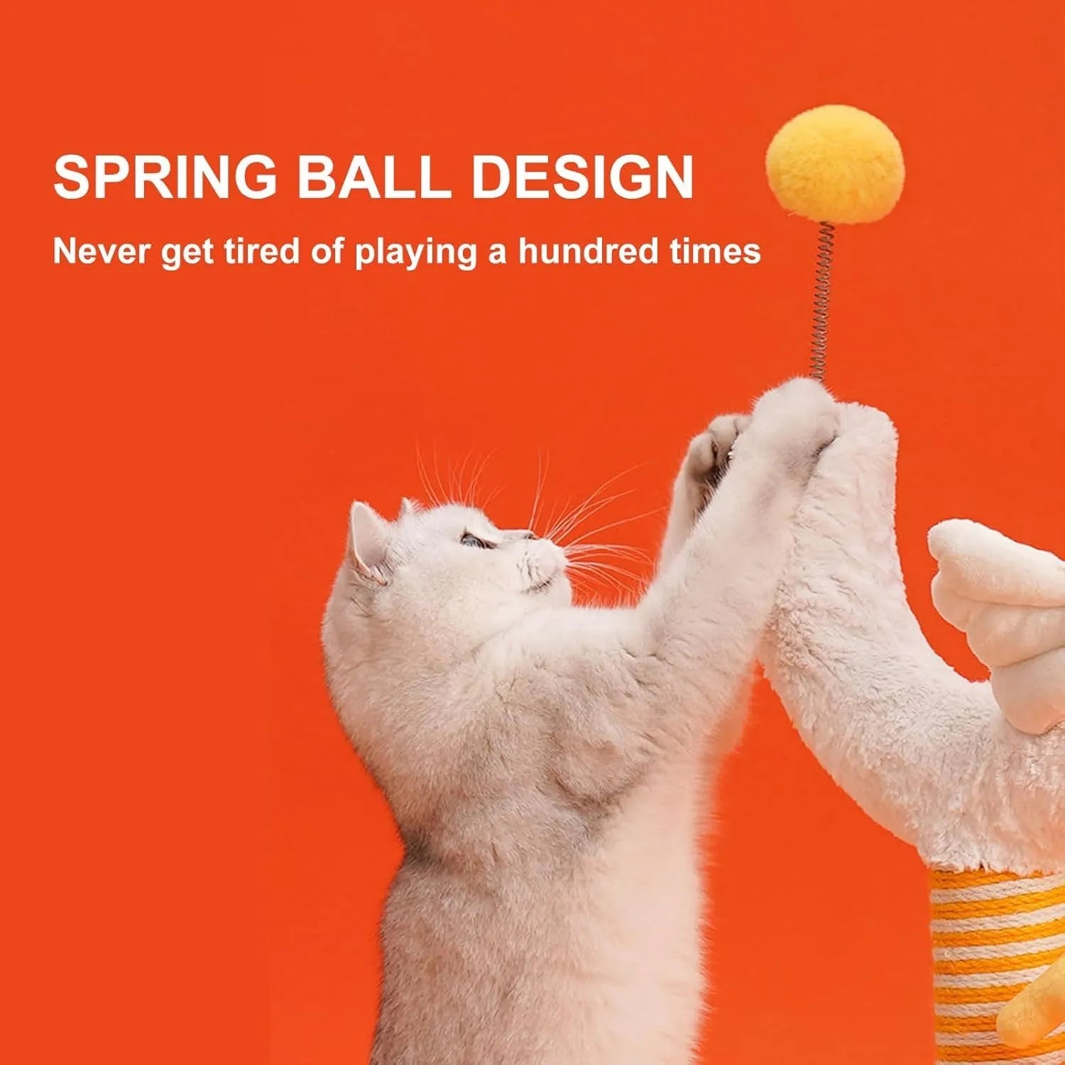 Sisal rope cat scratching post with chicken strip design and spring ball, 35cm wide and 88cm tall