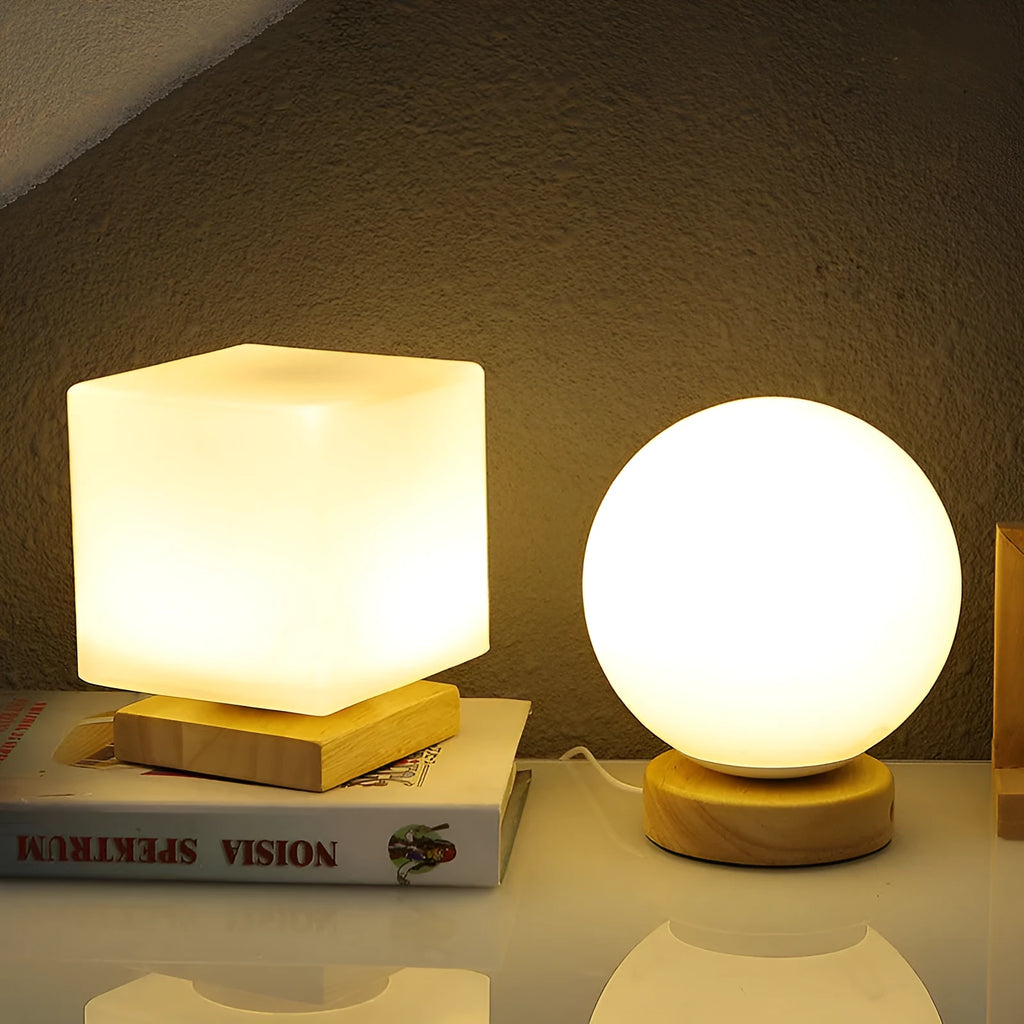 White Nordic solid wood USB table lamp with touch dimming in flower-shaped design