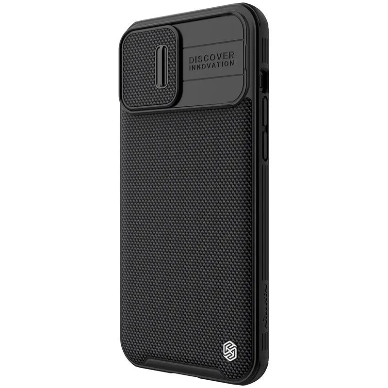 Black textured PC TPU sliding phone case for iPhone 13 Pro Max, 13 Pro, and 13 – back cover view