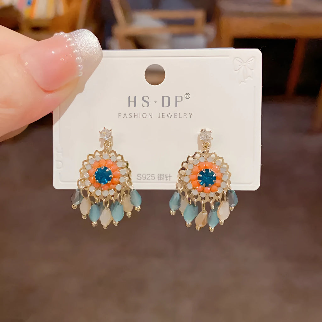 Diamond embedded round crystal tassel earrings thick gold plated copper geometric drop blue purple women's jewellery