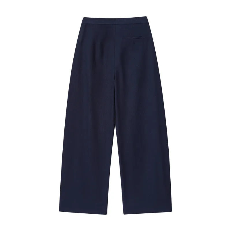 Women's linen-look blend shirt with flounced sleeves paired with wide-leg trousers, a two-piece commute outfit set.