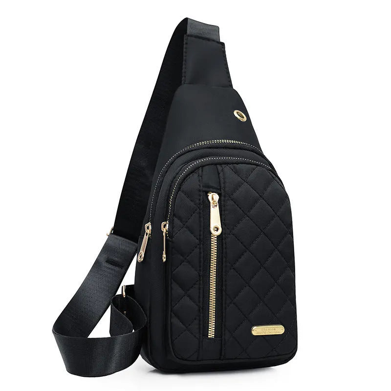 Crossbody sports chest bag in breathable Oxford cloth with solid colour and plaid pattern, black variant