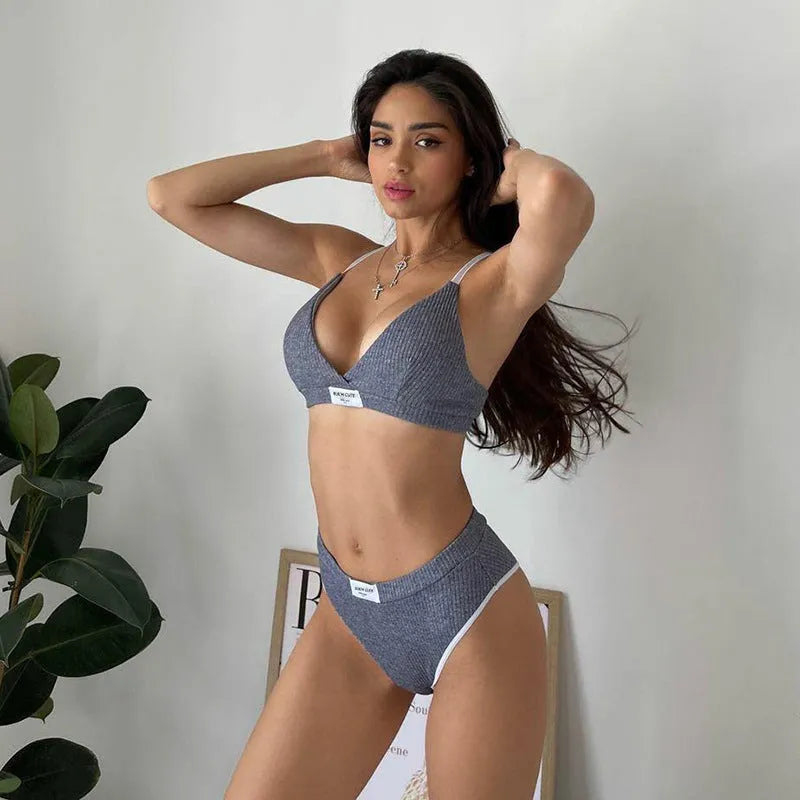 Women's embroidered bikini set with contrast binding, shorts-length bottoms in black, grey or white