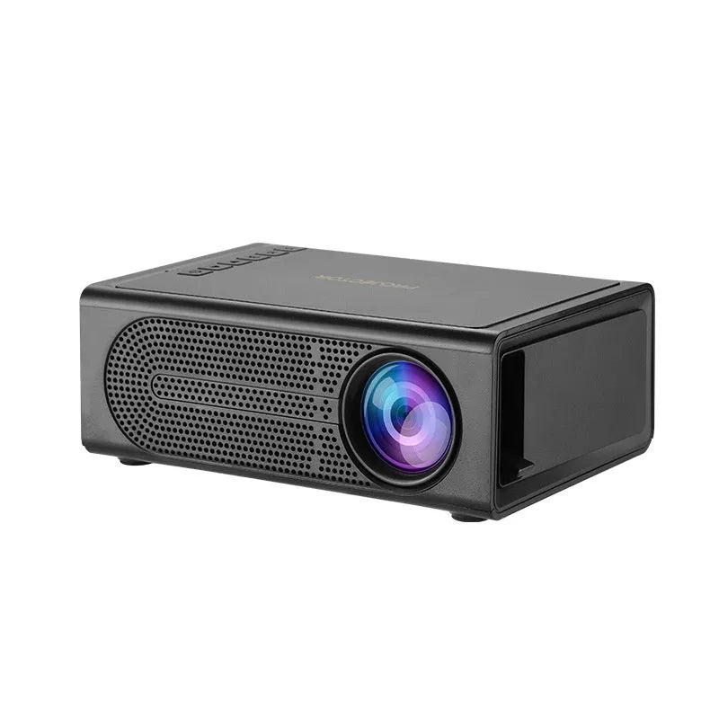 Portable mini projector in black with wired mobile phone screen mirroring and 20 lumens brightness