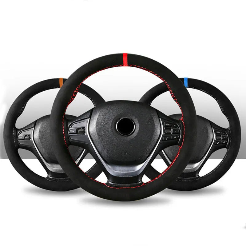 Black blue DIY suede steering wheel cover for 38cm automobile steering wheels