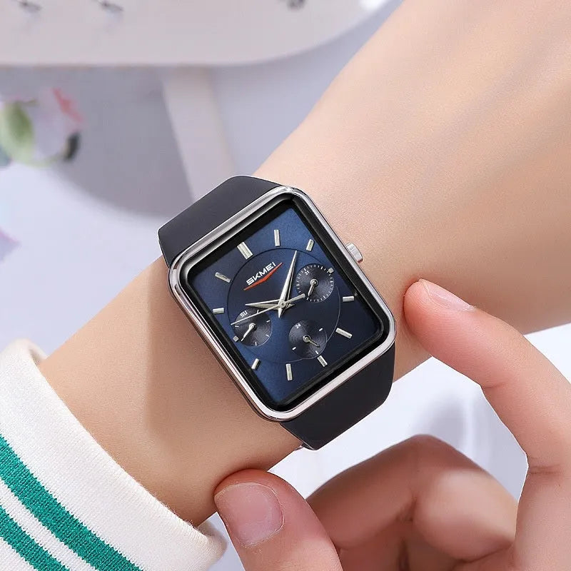 Multi-functional square silicone waterproof watch for girls in white rose gold on a light background