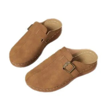 Women's lightweight casual wedge closed toe slippers, cloth upper, rubber sole, light brown colour