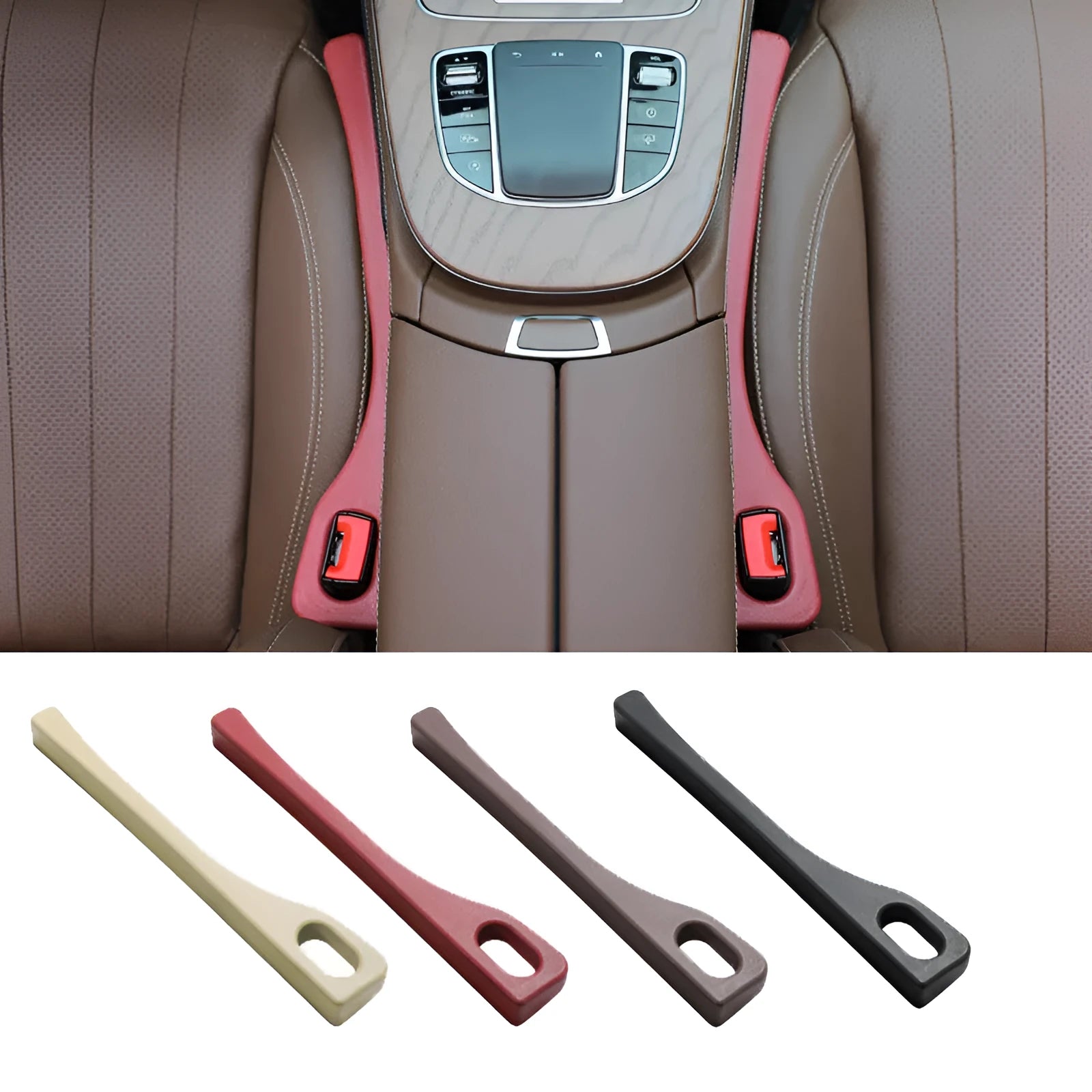 Polyurethane car seat gap strips in black, brown, red and beige colours prevent items falling between vehicle seats
