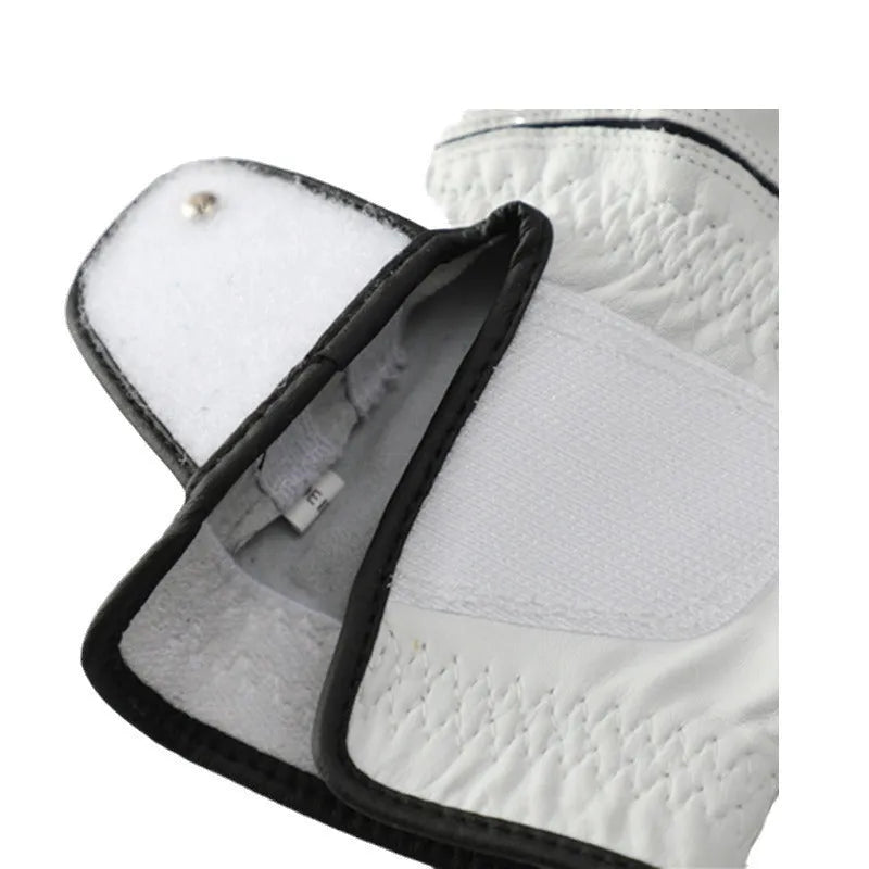 White half sheepskin men's golf glove showing non-slip palm and finger construction.