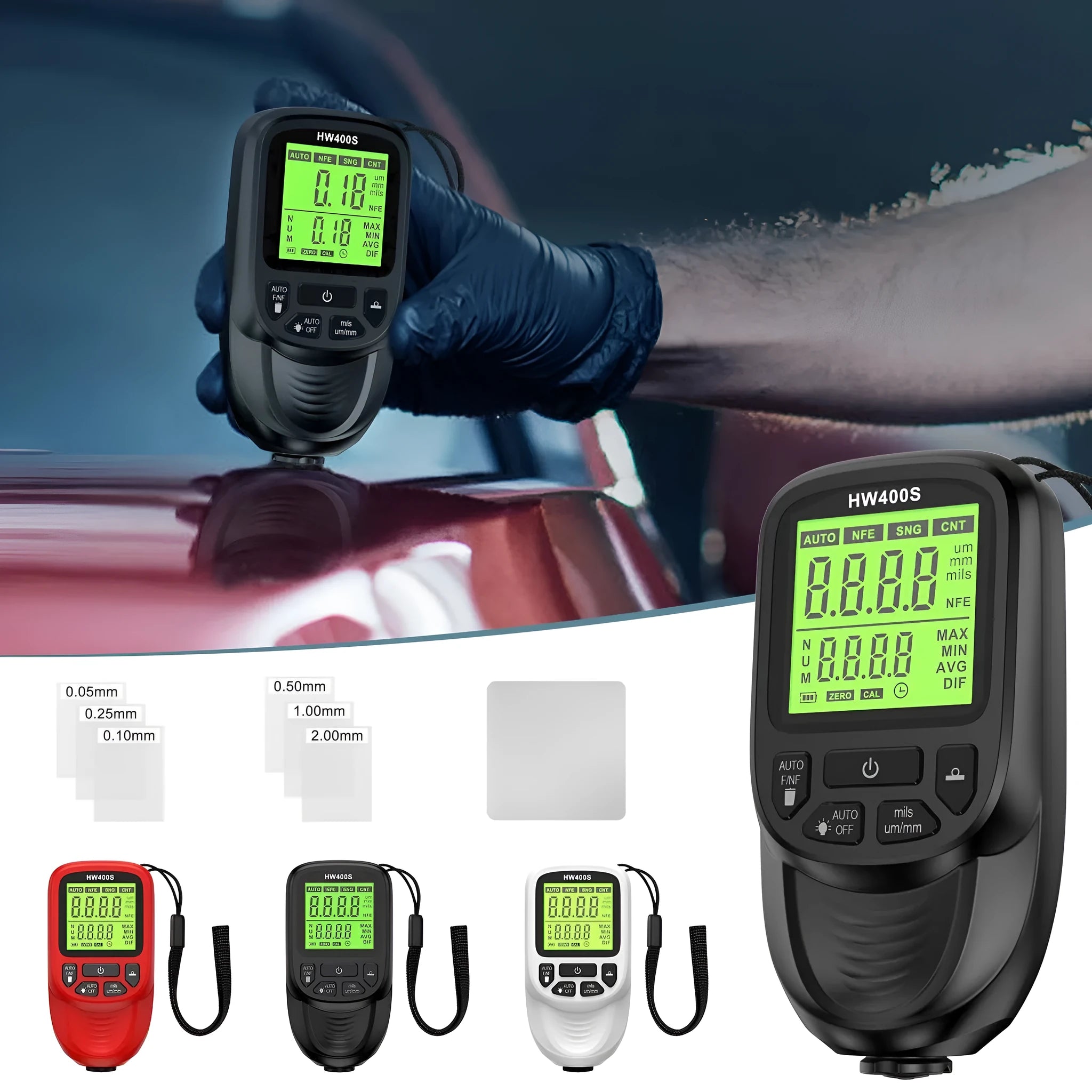 Hw-400s thickness gauge in black, measuring coating on metal surface, ABS body with digital display