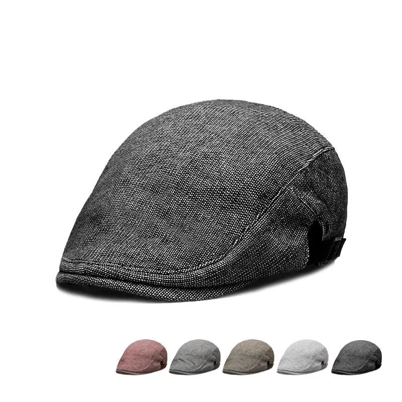 Men's cotton linen breathable beret pure colour dome crown cap in dark gray free size adjustable