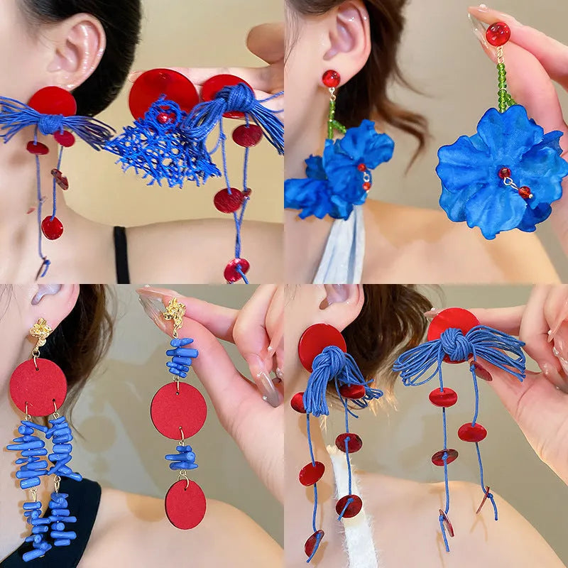 Geometric cloth earrings for women in 30 Silver Needle-blue resin flower colour, showing manual craftsmanship.