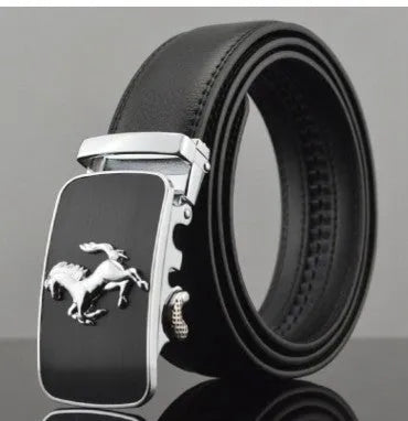 Men's black leather belt with automatic buckle showing 3.5cm width and adjustable length