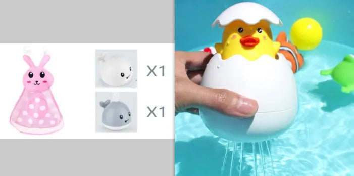 White and blue electric whale bath toy spraying water with lights on a base.