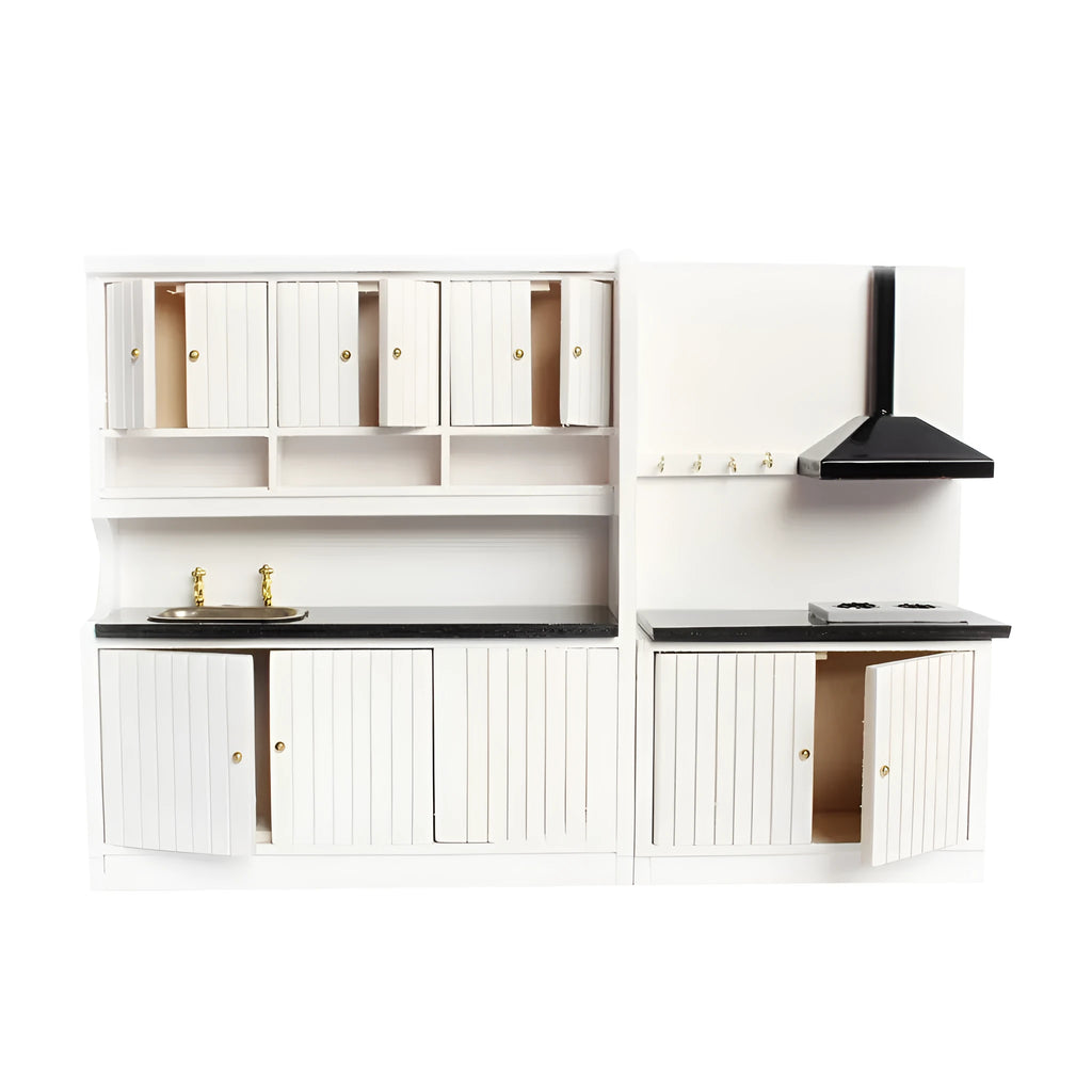 White birch wood dollhouse kitchen cabinet set with sink and stove cabinets and working doors