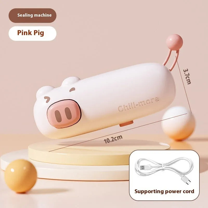 Mini rechargeable bag sealer in coffee bear design sealing a plastic snack bag on a table
