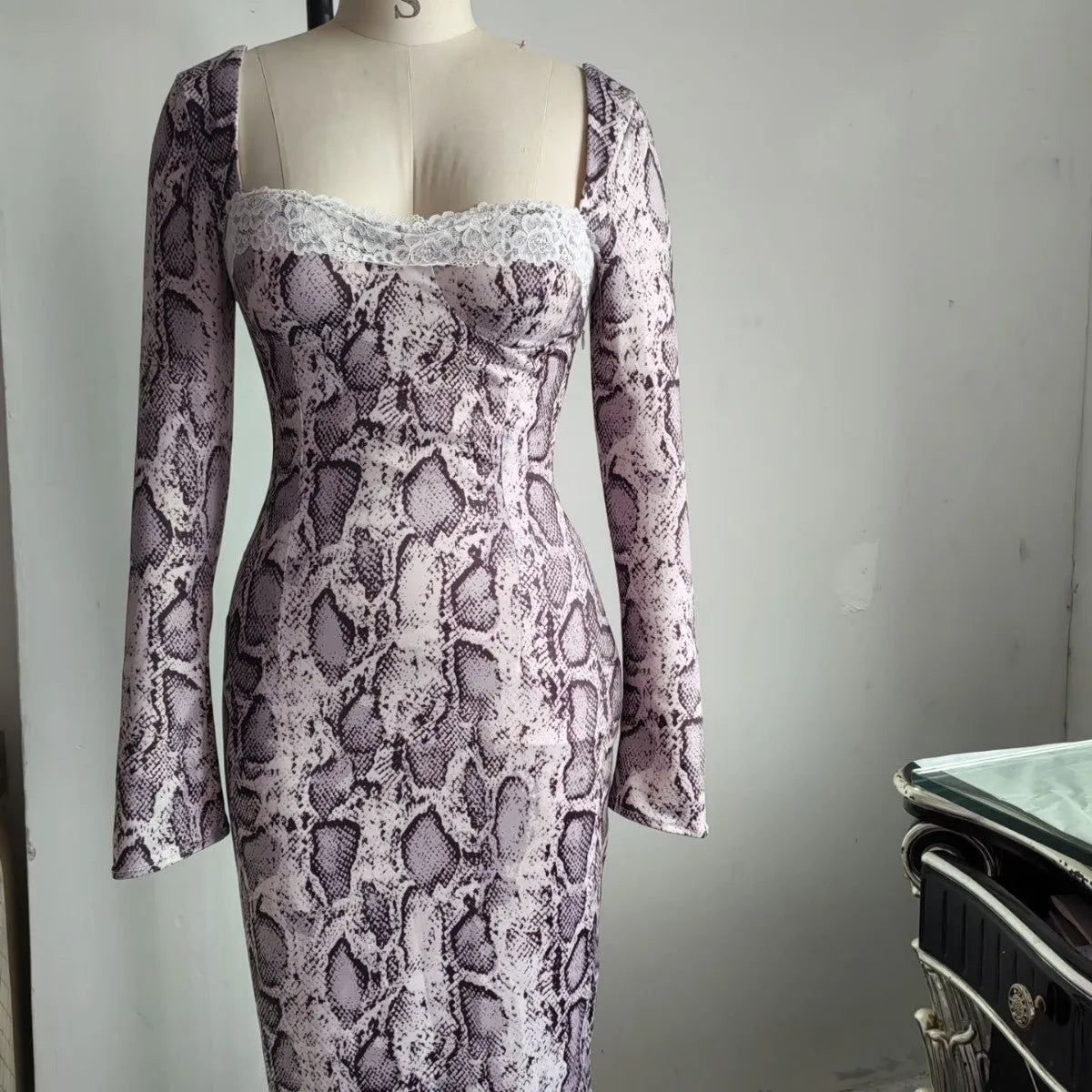 Grey digital printed slim fit lace dress with 3D pattern effect and A-line skirt