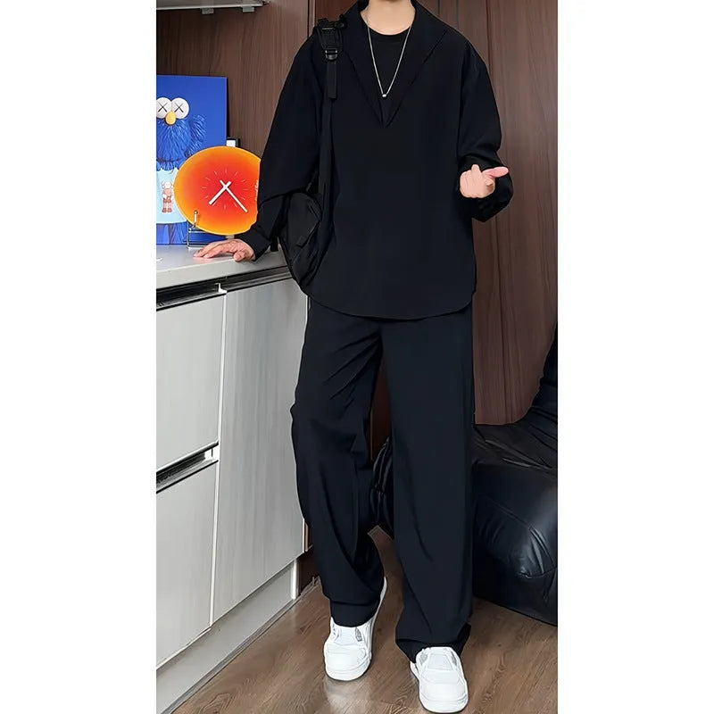 Men's black elastic hemp polo shirt and trousers two-piece casual suit for plus sizes