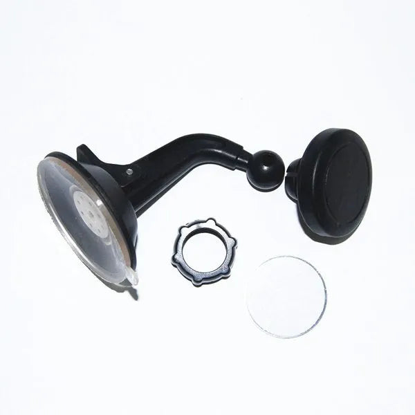 Black magnetic car phone holder with strong magnet mounted on dashboard, holding a smartphone in landscape mode