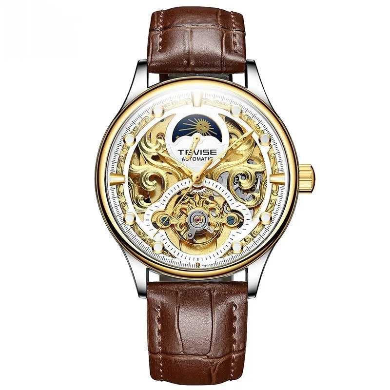 Men's gold and white leather strap automatic mechanical waterproof business watch 16mm thickness