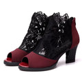 Women's black lace gladiator sandals with square high heels, floral patterns and peep toe design