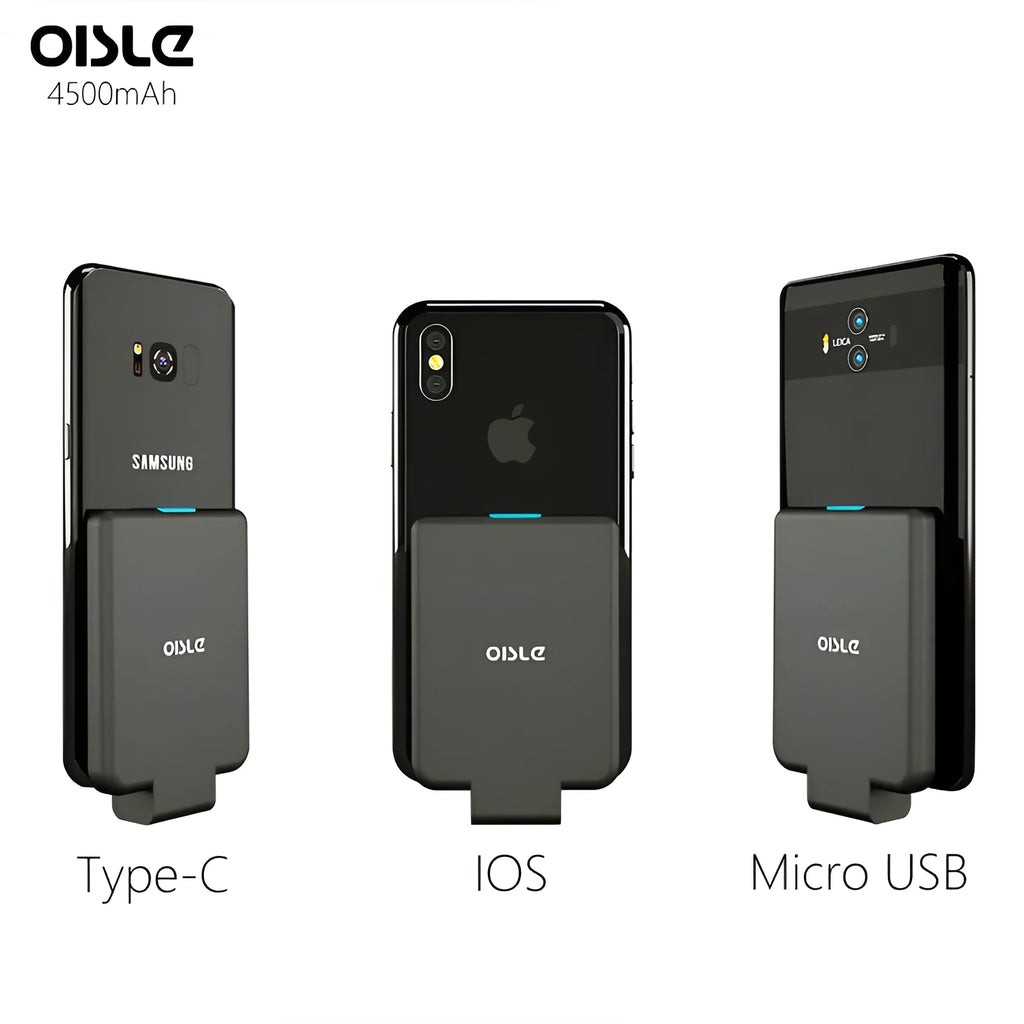 4500mAh back clip battery for iPhone Android Type-C in black, compact size 90mm x 61mm x 9mm