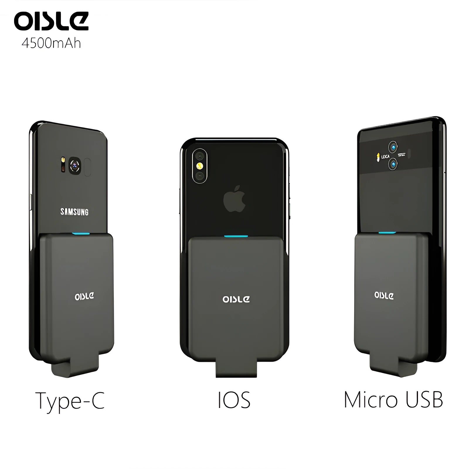 4500mAh back clip battery for iPhone Android Type-C in black, compact size 90mm x 61mm x 9mm