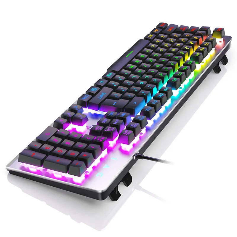 K002 metal-effect wired gaming keyboard with rainbow backlight and 104 keys on a desk