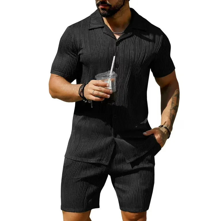 Men's wave pattern casual short sleeve shorts suit in black, cotton blend fabric, shown with matching top and shorts