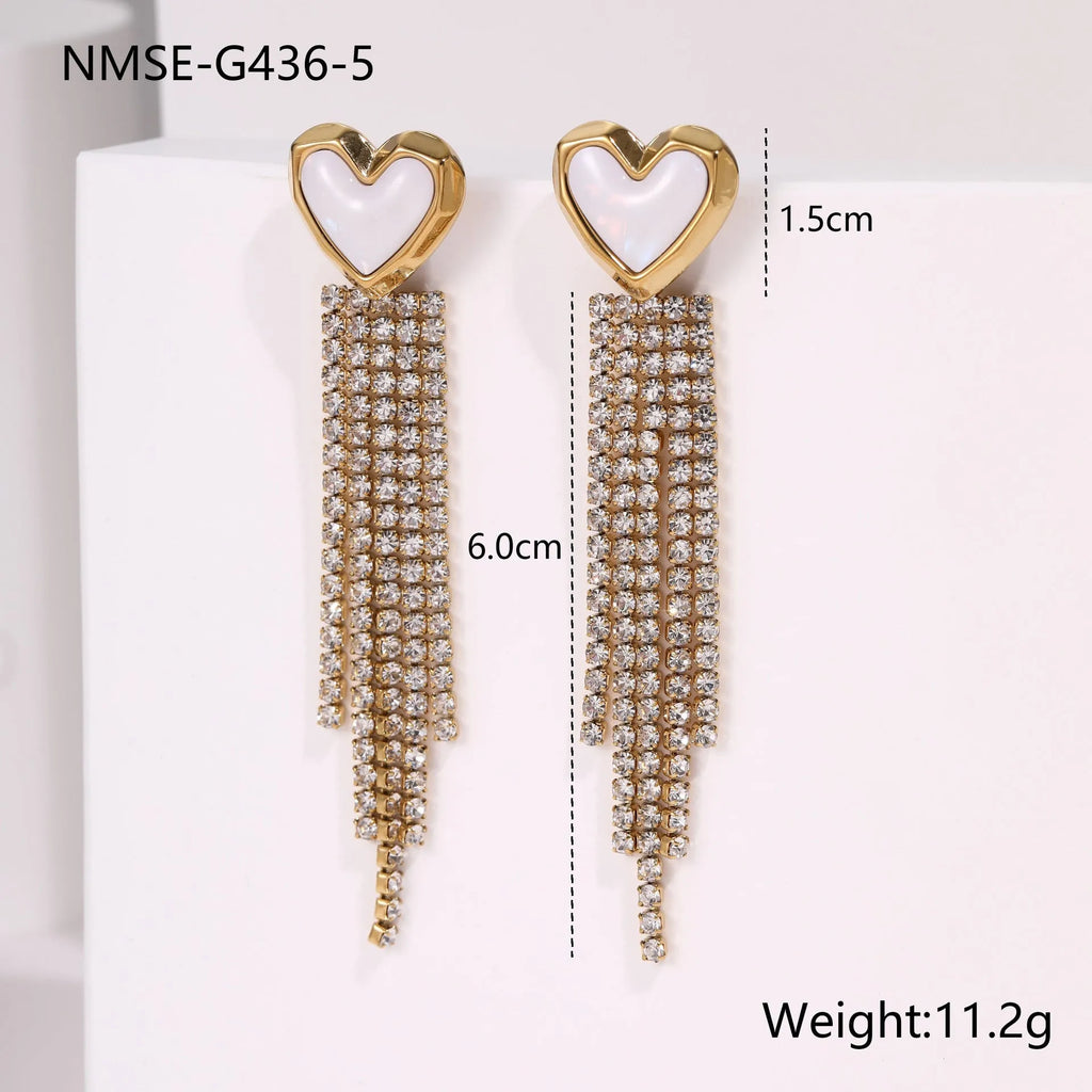 Diamond tassel stainless steel earrings with electroplated 18K gold finish in heart and star shapes