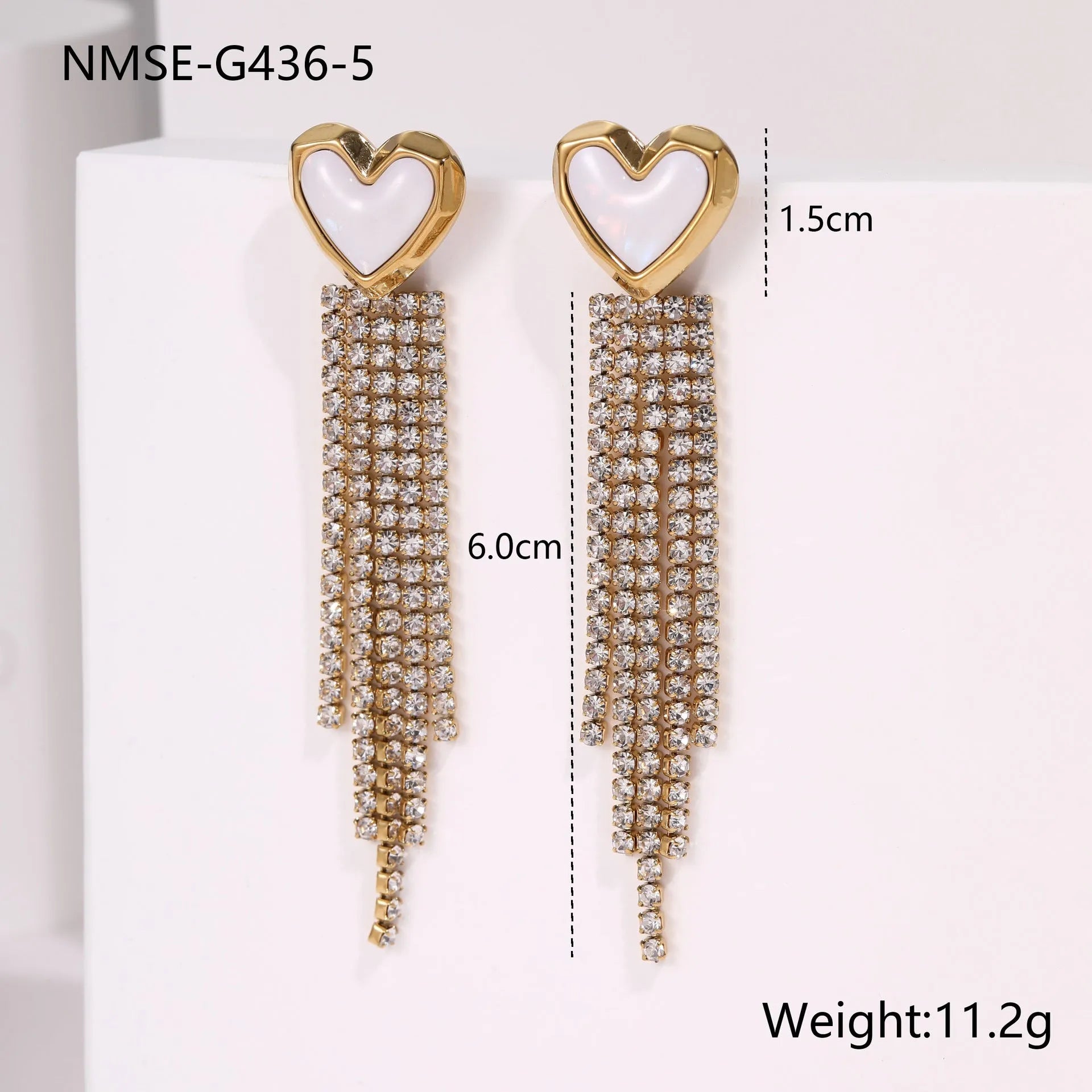 Diamond tassel stainless steel earrings with electroplated 18K gold finish in heart and star shapes