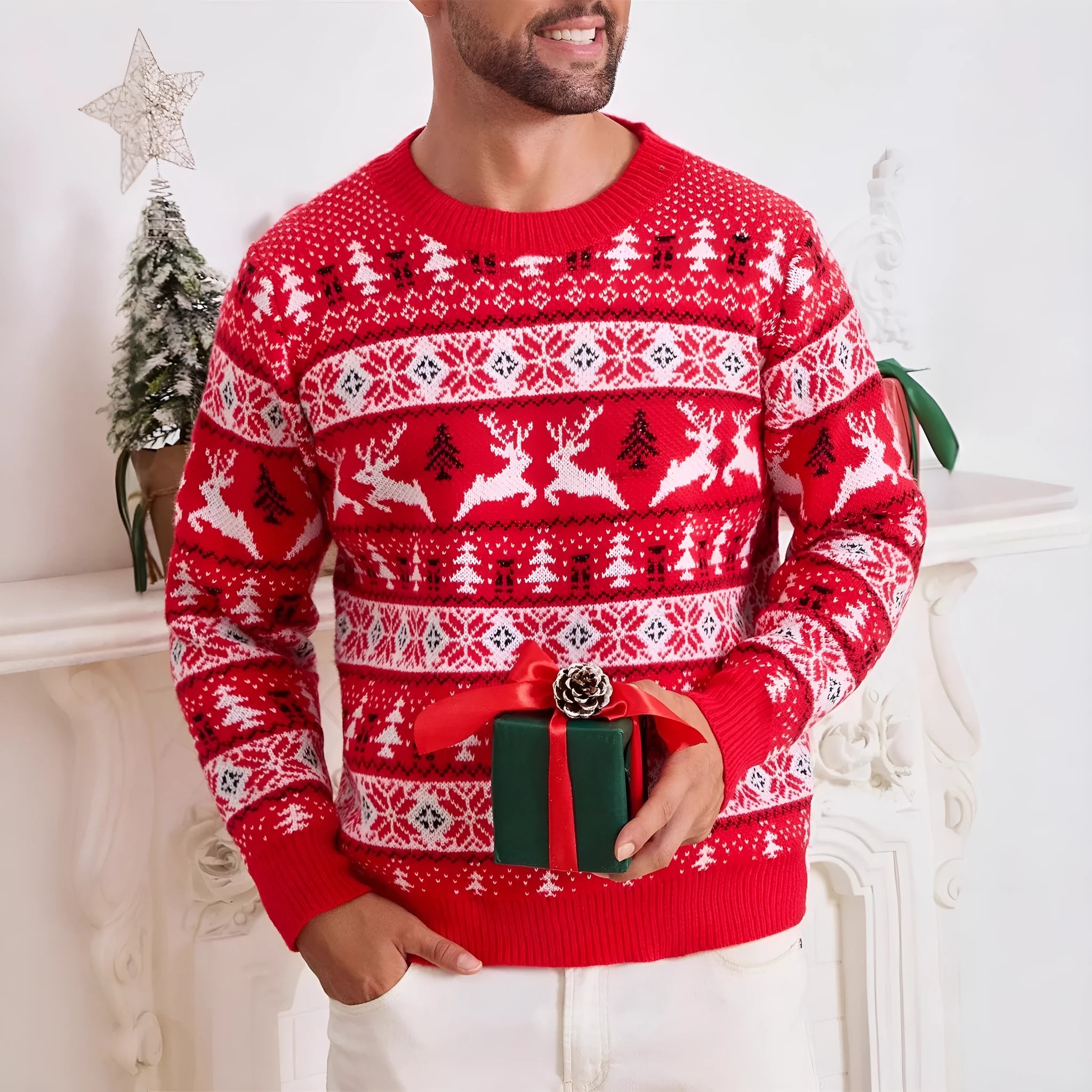 Men's red jacquard Christmas sweater with round neck and long sleeves on a model