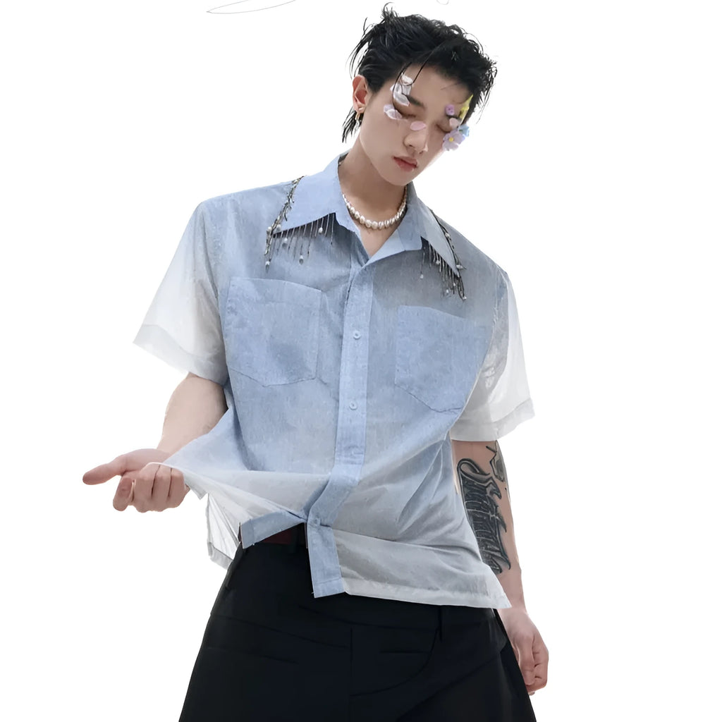 Blue and white gradient men's casual short shirt with loose fit and half sleeves