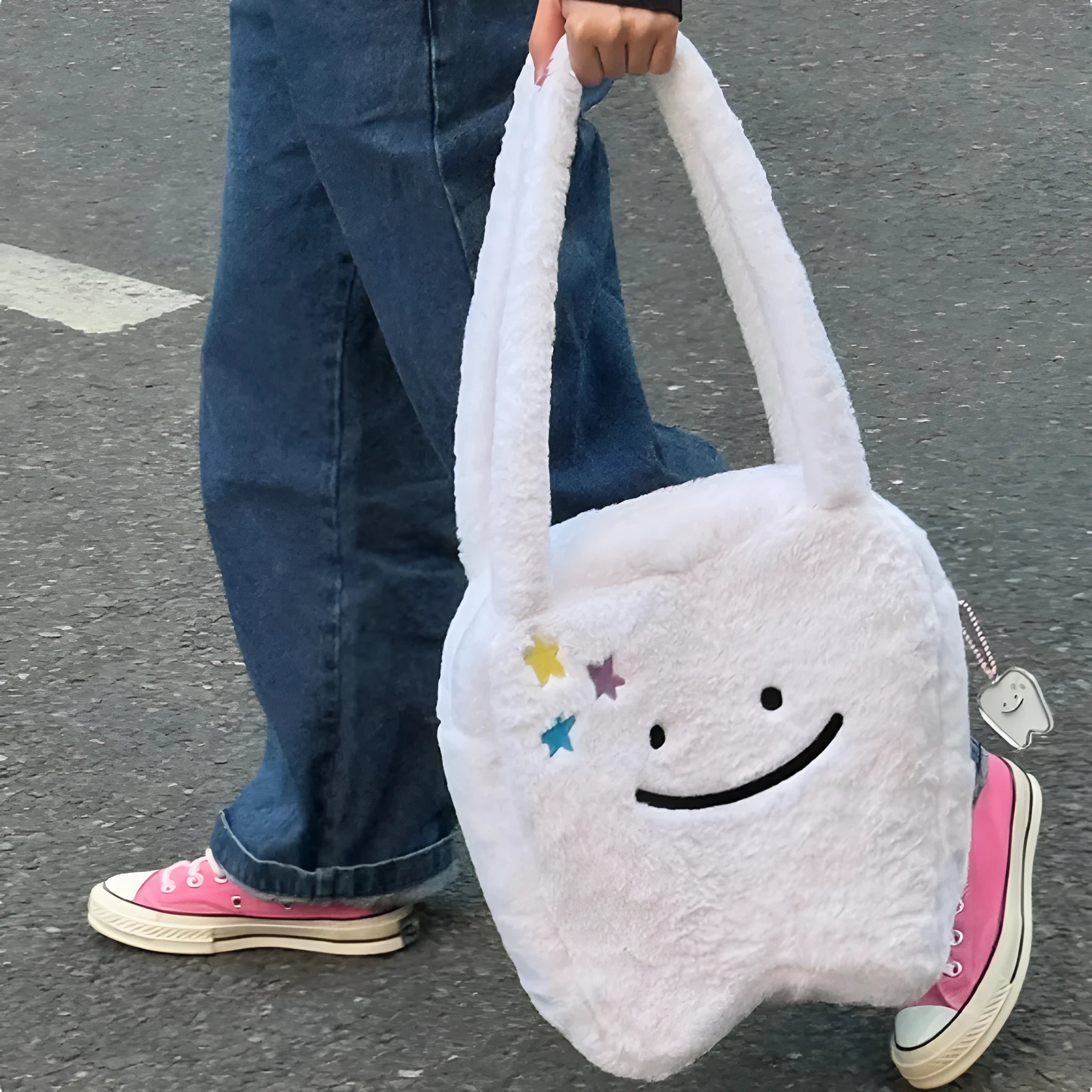 White plush large tooth shoulder tote bag with zipper closure and unisex design