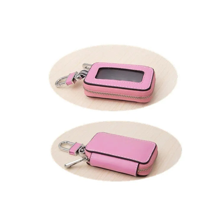 White genuine leather car key case with plain weave finish, 8.3x5x2cm square vertical shape