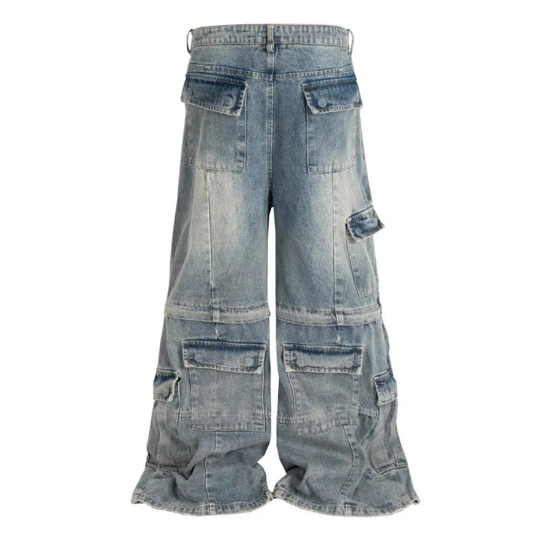 Detachable worn look cotton overalls in black, multi-pocket design with zip front, mid waist, side and front pockets visible
