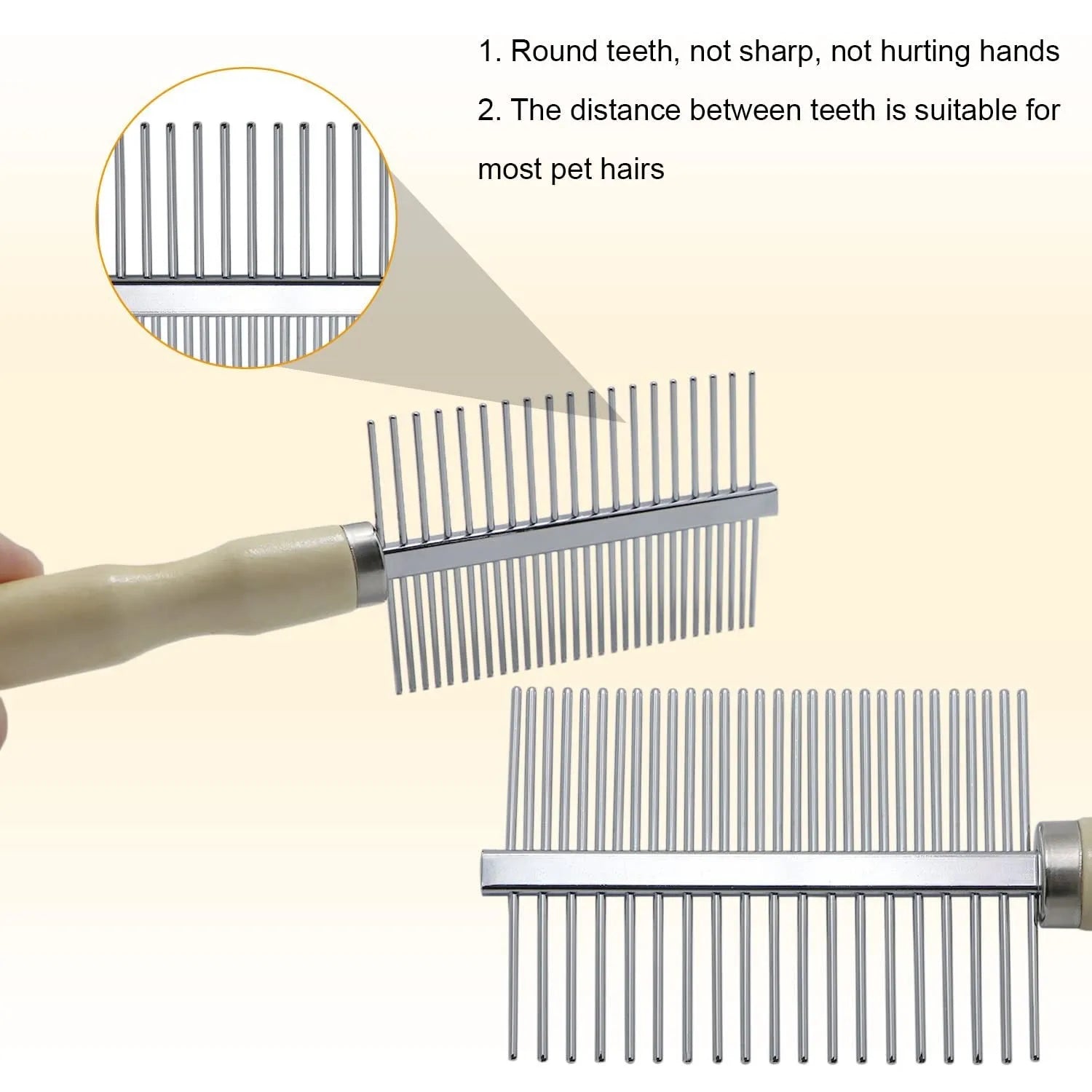 Wooden handle pet grooming comb for dogs and cats, showing rounded teeth.