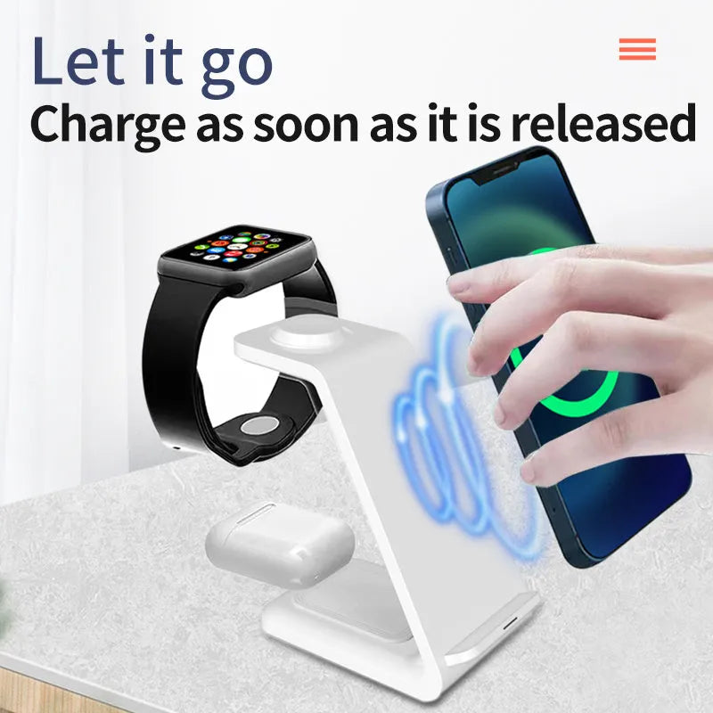 White 3-in-1 upright wireless phone charger holder with Type-C cable on desk