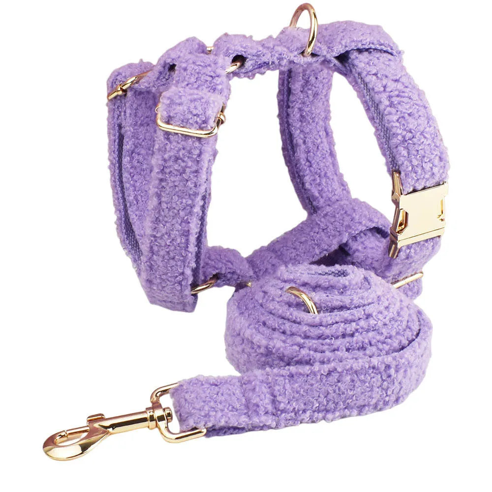 Purple cloth dog collar, leash, bow and vest four-piece set for small dogs on white background