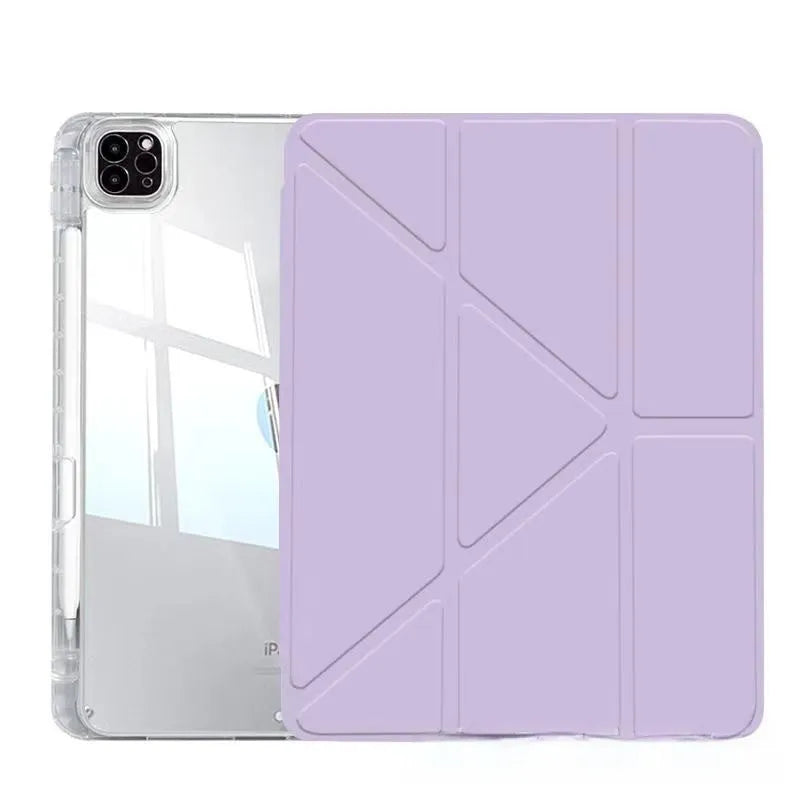 Transparent acrylic iPad protective cover showing magnetic attachment points and built-in viewing bracket