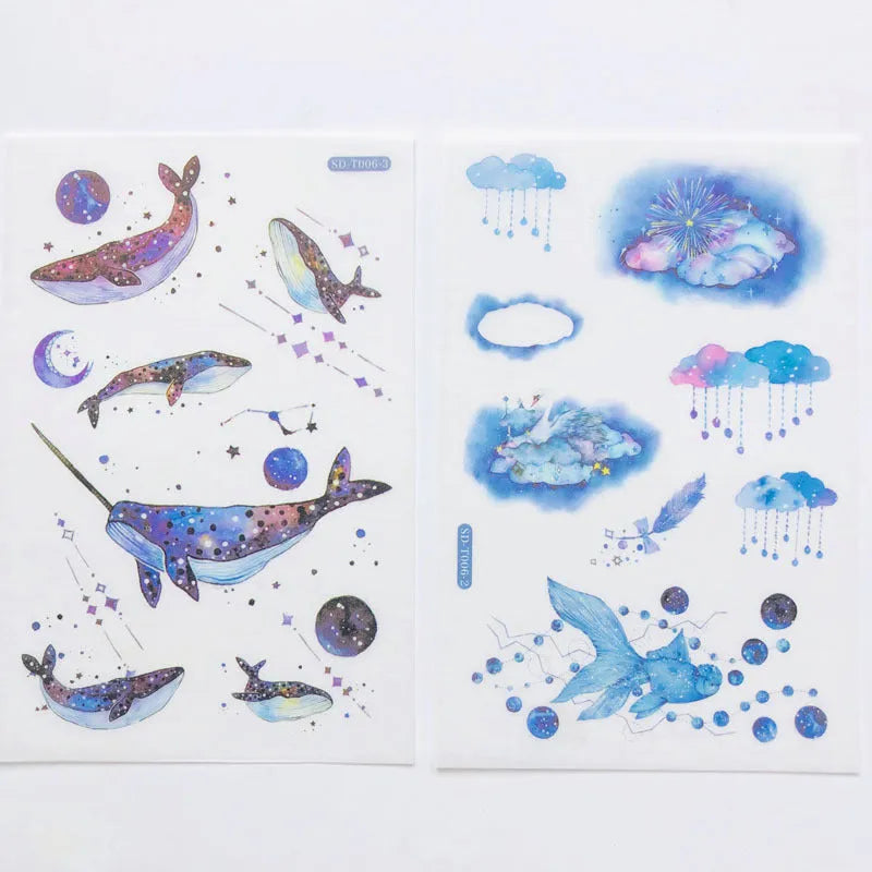 Hand account paper sticker set with fantasy stars design on Japanese paper sheet, 10.5x14.1cm, in paper bag packaging