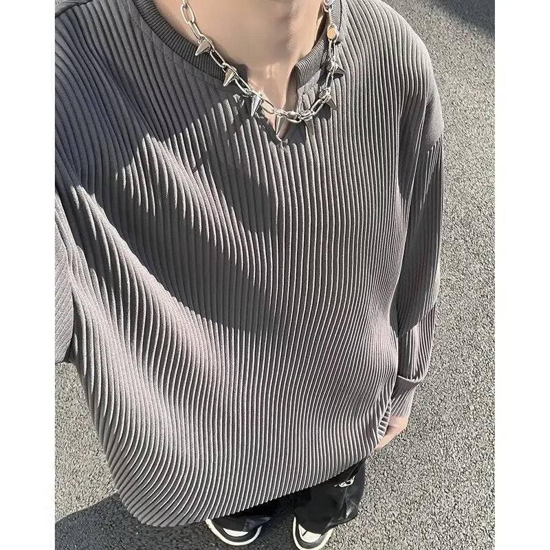 Plus size striped texture draping solid colour pullover top in black, long sleeves, loose fit polyester