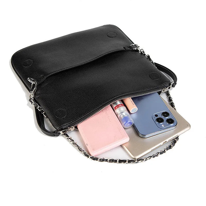Fashion chain folding clutch women's shoulder messenger bag in black classic PU leather shell shape design