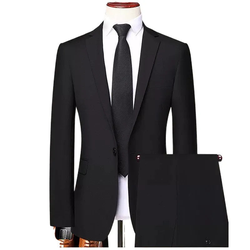 Men's three-piece slim fit Korean style business suit set in black with jacket, trousers, and tie